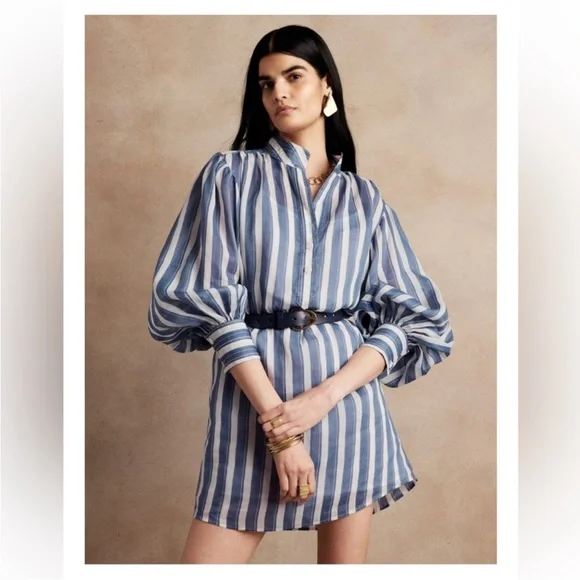Banana Republic Ramie Popover Shirt Dress Navy White Stripes Size MP Preppy NWT - Picture 16 of 16